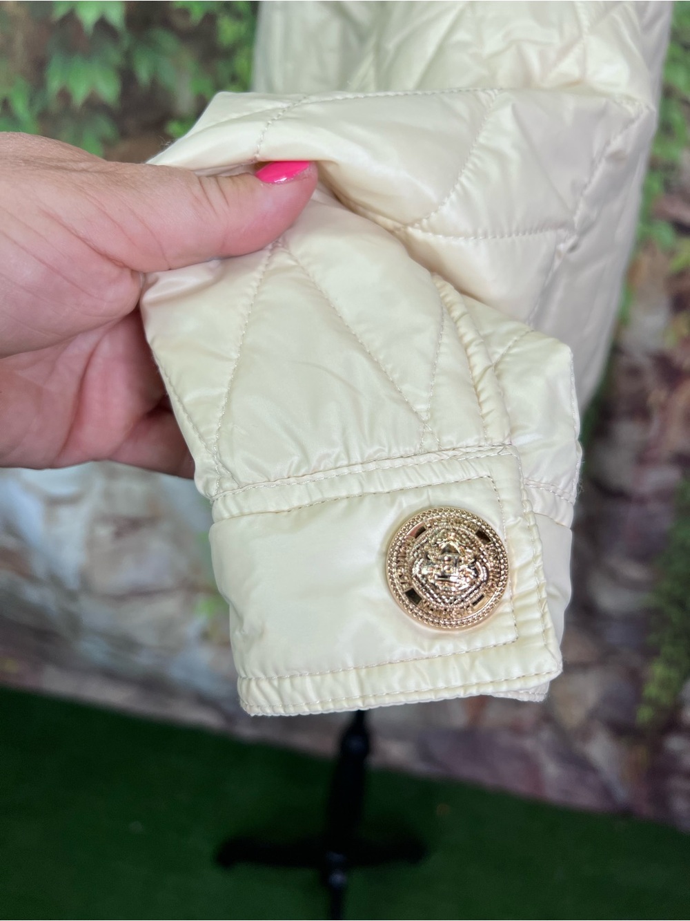 JOH Cream Quilted Quiet Luxury Old Money Quilted Button Front Bomber Jacket, S - Picture 7 of 14
